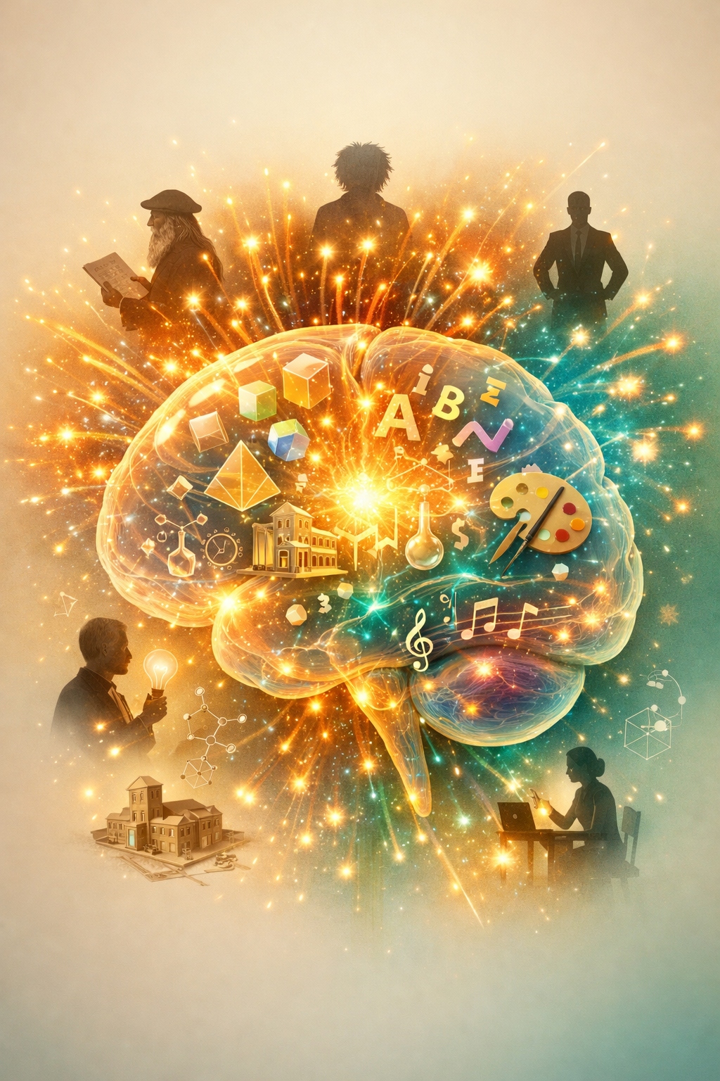 Cerveau illuminé symbolisant l'apprentissage multidisciplinaire — maths, musique, arts, sciences